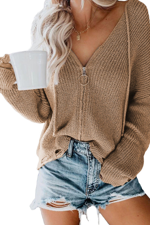 Zipper V-Neck Dropped Sleeve Hooded Solid Sweater